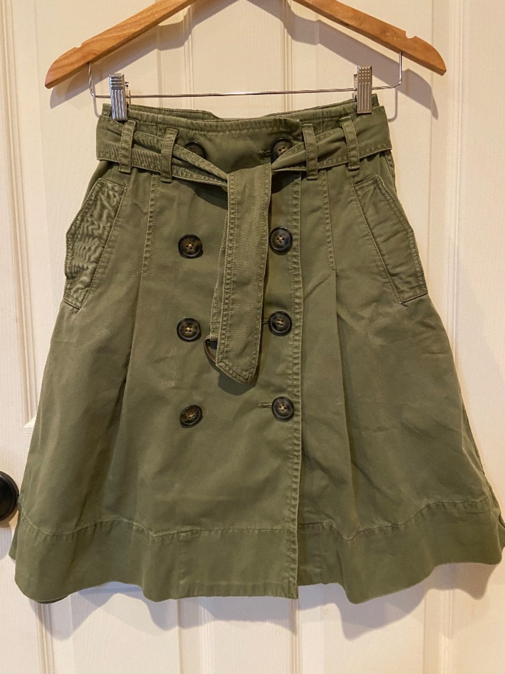 J.Crew Size 0 Olive Green Double Breasted Trench A-Line Skirt Tie Belt Like New